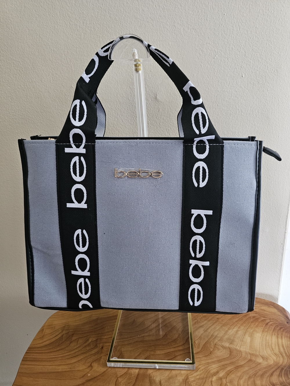 bebe Gray Canvas Tote with Logo Strap - Picture 5 of 6